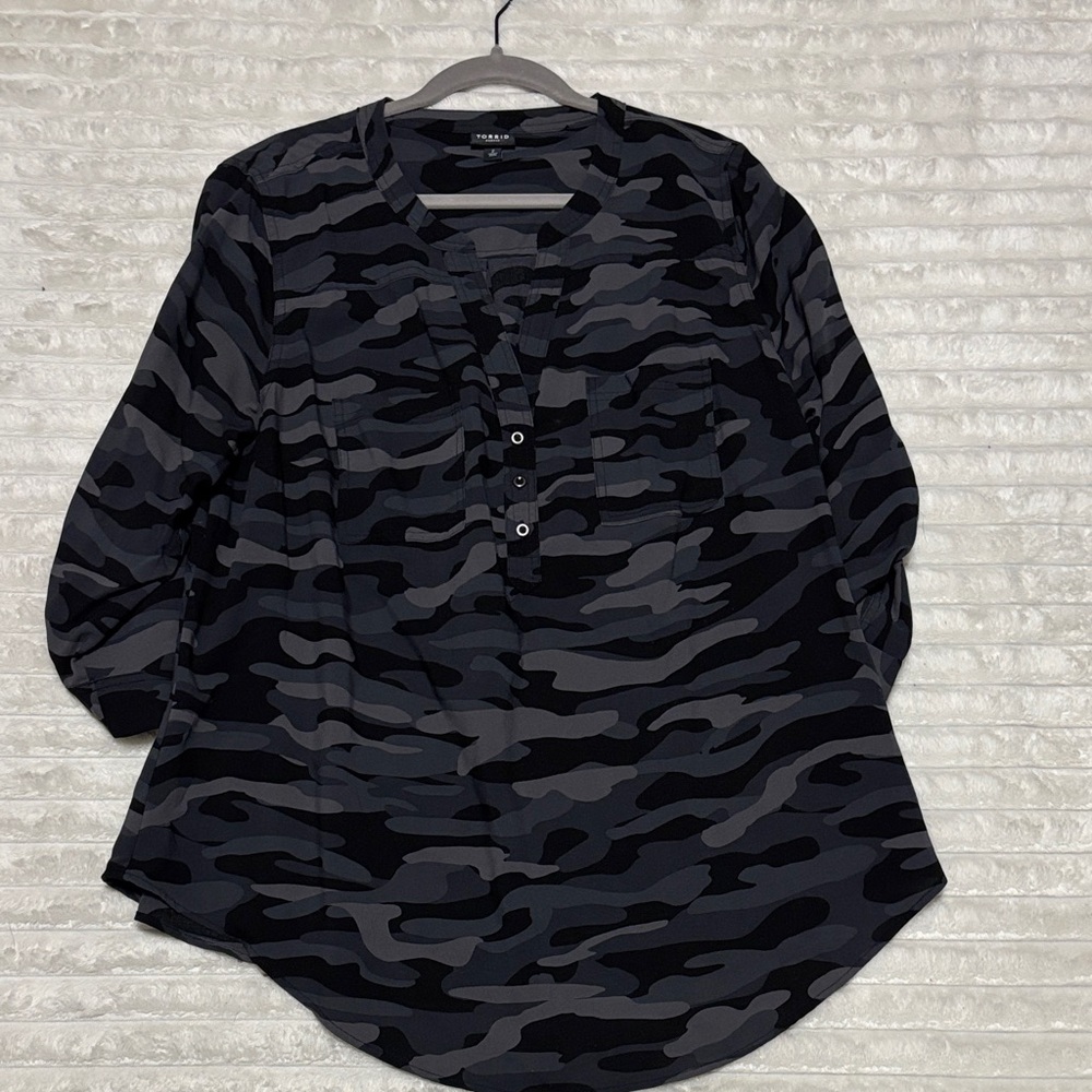 Torrid Black and Gray Camouflage Blouse